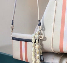 Load image into Gallery viewer, NWT 2-in-1 © SAHARA PEARL Tote & Crossbody premium sand beige neoprene w/ dusty rose camo sides metallic rose-gold stripes sunset champagne