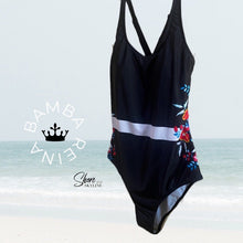 Load image into Gallery viewer, Bamba REINA black floral one-piece swimsuit white stripe waist crisscross back S - 2XL womens ShoreAndSkyline