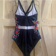 Load image into Gallery viewer, Bamba REINA black floral one-piece swimsuit white stripe waist crisscross back S - 2XL womens ShoreAndSkyline