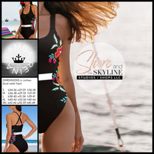 Load image into Gallery viewer, Bamba REINA black floral one-piece swimsuit white stripe waist crisscross back S - 2XL womens ShoreAndSkyline