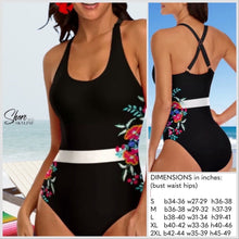 Load image into Gallery viewer, Bamba REINA black floral one-piece swimsuit white stripe waist crisscross back S - 2XL womens ShoreAndSkyline
