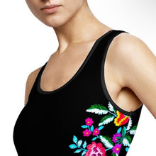 Load image into Gallery viewer, XS - 3XL Bamba REINA black one-piece swimsuit + white floral waist w shelf w/o cups globally sourced women flowers swimwear ShoreAndSkyline