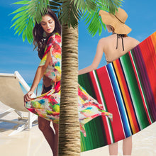 Load image into Gallery viewer, Boho beach blanket fringed wrap pool towel cover-up XL 6.5 ft black + Serape Olé stripes / La Bamba floral bouquet or pearl + cabana stripes