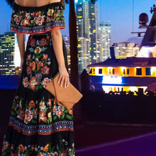 Load image into Gallery viewer, S - 2XL maxi Bamba Black / Boho Blanco resort cruise quince dress twist on campesino tradition + smooth floral or ombré prints > photography