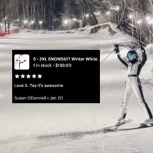 Load image into Gallery viewer, S - 2XL SNOWSUIT Winter White Album one-piece skisuit + black stripes snow-suit sides womens belted hooded skyline cabin mountain resort new