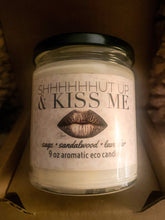 Load image into Gallery viewer, shhhUT UP & KISS ME candle smells like him aromatic lavender sandalwood sage soy wax 9oz glass lid 60 hour Valentines gift bronze pink lip