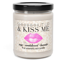 Load image into Gallery viewer, shhhUT UP & KISS ME candle smells like him aromatic lavender sandalwood sage soy wax 9oz glass lid 60 hour Valentines gift bronze pink lip