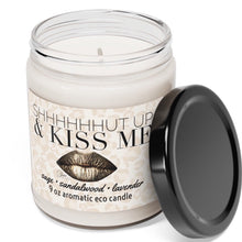 Load image into Gallery viewer, shhhUT UP & KISS ME candle smells like him aromatic lavender sandalwood sage soy wax 9oz glass lid 60 hour Valentines gift bronze pink lip