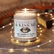 Load image into Gallery viewer, shhhUT UP & KISS ME candle smells like him aromatic lavender sandalwood sage soy wax 9oz glass lid 60 hour Valentines gift bronze pink lip