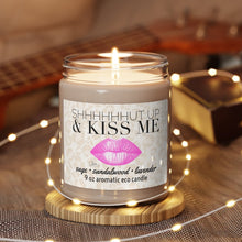Load image into Gallery viewer, shhhUT UP & KISS ME candle smells like him aromatic lavender sandalwood sage soy wax 9oz glass lid 60 hour Valentines gift bronze pink lip