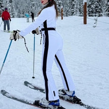 Load image into Gallery viewer, S - 2XL SNOWSUIT Winter White Album one-piece skisuit + black stripes snow-suit sides womens belted hooded skyline cabin mountain resort new