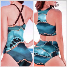 Load image into Gallery viewer, Aquamarina SWIMSUIT 2 or 1 piece XS-2XL sea blue aqua turquoise aquamarine geode swirls + ombré beach cover-up skirt Valentines women swim