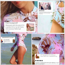 Load image into Gallery viewer, UPF Rashguard Pink Hibiscus - Aqua Palms surfsuit swimsuit (S-XL) white pink peach aqua mint beach pool surf swim women feminine modest