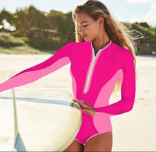 Load image into Gallery viewer, UPF Rashguard Baddie Haute Pink Hibiscus surf swimsuit + variations white black teal turquoise leopard birds beach pool women gift 2023 nwt