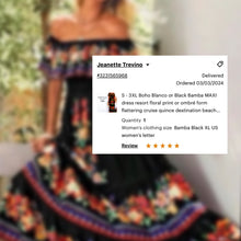 Load image into Gallery viewer, S - 2XL maxi Bamba Black / Boho Blanco resort cruise quince dress twist on campesino tradition + smooth floral or ombré prints > photography