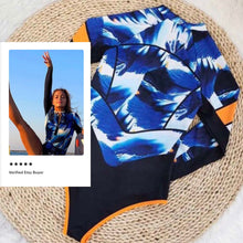 Load image into Gallery viewer, UPF 40+ Rashguard Blue Breeze Coral longsleeve one-piece royal blue white & blackest navy swimsuit + tangerine surf swim ski paddle kayak