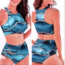 Load image into Gallery viewer, Aquamarina SWIMSUIT 2 or 1 piece XS-2XL sea blue aqua turquoise aquamarine geode swirls + ombré beach cover-up skirt Valentines women swim