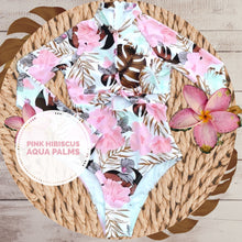 Load image into Gallery viewer, UPF Rashguard Pink Hibiscus - Aqua Palms surfsuit swimsuit (S-XL) white pink peach aqua mint beach pool surf swim women feminine modest