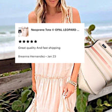 Load image into Gallery viewer, Neoprene Tote © OPAL LEOPARD ROSE smooth cream waterproof bag + metallic rose gold racing stripes Best Seller wipeable light birthday shower