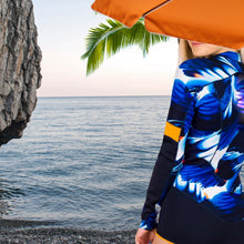 Load image into Gallery viewer, S-XL UPF Rashguard Blue Breeze Coral longsleeve one-piece royal blue white & blackest navy swimsuit + tangerine surf swim ski paddle kayak