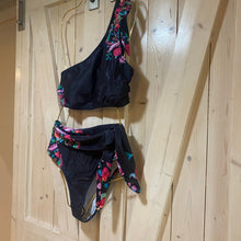 Load image into Gallery viewer, Black Floral Swimsuit in bamba brights black pink turquoise flowers in 3 styles Duchess one-shoulder 2pc / Empress 1pc / Countess halter 2pc