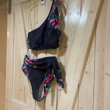 Load image into Gallery viewer, Black Floral Swimsuit in bamba brights black pink turquoise flowers in 3 styles Duchess one-shoulder 2pc / Empress 1pc / Countess halter 2pc