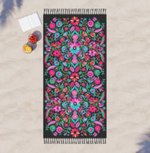Load image into Gallery viewer, Boho beach blanket fringed wrap pool towel sandfree XL 6.5 ft black Bamba splash / floral or Serape stripes or Pearl solid + cabana stripes