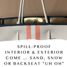 Load image into Gallery viewer, © Sahara Pearl waterproof tote & crossbody sand beige premium neoprene + pearlescent & sunset rose-gold stripes & champagne mirage interior holiday gift ShoreAndSkyline