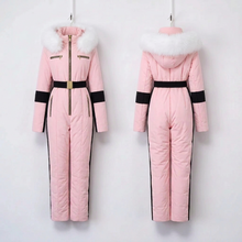Load image into Gallery viewer, winter SNOWSUIT pink album white fur hood smooth puffer black stripe belted womens skisuit insulated pockets