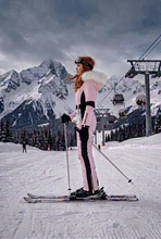Load image into Gallery viewer, winter SNOWSUIT pink album white fur hood smooth puffer black stripe belted womens skisuit insulated pockets