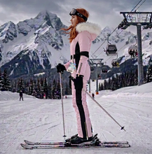 Load image into Gallery viewer, winter SNOWSUIT pink album white fur hood smooth puffer black stripe belted womens skisuit insulated pockets