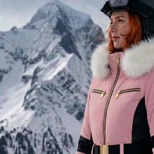 Load image into Gallery viewer, winter SNOWSUIT pink album white fur hood smooth puffer black stripe belted womens skisuit insulated pockets