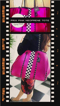 Load and play video in Gallery viewer, Waterproof Metallic Racer Tote Bag magenta pink / titanium silver neoprene + black and white racing checks purse by Shore and Skyline gift present 2024