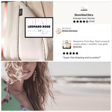 Load image into Gallery viewer, © Opal Leopard Rose 2.0 TOTE smooth cream neoprene bag + shabby mint & chic metallic rose gold stripes waterproof birthday bridal shower gift holiday present purse Best Seller 5 Star