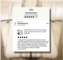 Load image into Gallery viewer, © Opal Leopard Rose 2.0 TOTE smooth cream neoprene bag + shabby mint & chic metallic rose gold stripes waterproof birthday bridal shower gift holiday present purse Best Seller 5 Star