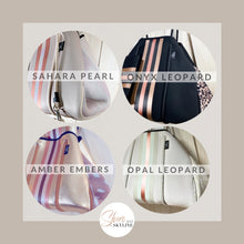 Load image into Gallery viewer, © Sahara Pearl waterproof tote & crossbody sand beige premium neoprene + pearlescent & sunset rose-gold stripes & champagne mirage interior holiday gift ShoreAndSkyline