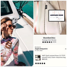 Load image into Gallery viewer, © Opal Leopard Rose 2.0 TOTE smooth cream neoprene bag + shabby mint & chic metallic rose gold stripes waterproof birthday bridal shower gift holiday present purse Best Seller 5 Star