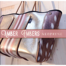 Load image into Gallery viewer, new Neoprene Tote Bag grey / gray Camo + metallic silver & hot pink racing stripes ( + various racer checks / deer / leopard / cheetah )