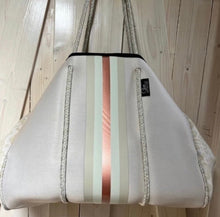 Load image into Gallery viewer, © Opal Leopard Rose 2.0 TOTE smooth cream neoprene bag + shabby mint & chic metallic rose gold stripes waterproof birthday bridal shower gift holiday present purse Best Seller 5 Star