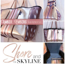 Load image into Gallery viewer, © Opal Leopard Rose 2.0 TOTE smooth cream neoprene bag + shabby mint & chic metallic rose gold stripes waterproof birthday bridal shower gift holiday present purse Best Seller 5 Star