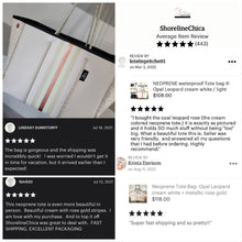 Load image into Gallery viewer, © Opal Leopard Rose 2.0 TOTE smooth cream neoprene bag + shabby mint & chic metallic rose gold stripes waterproof birthday bridal shower gift holiday present purse Best Seller 5 Star