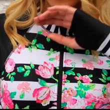 Load image into Gallery viewer, UPF Rashguard: Black Flora-Line surfsuit / swimsuit [ Small Medium Large X-Large XXL black white stripe pink floral modest beautiful 2021