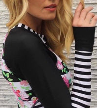 Load image into Gallery viewer, UPF Rashguard: Black Flora-Line surfsuit / swimsuit [ Small Medium Large X-Large XXL black white stripe pink floral modest beautiful 2021