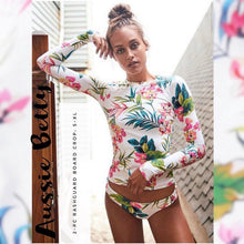 Load image into Gallery viewer, Aussie Betty UPF Board Crop 2-pc swimsuit S - XL longsleeve rashguard padded top + bikini surf bottom white pink turquoise blue reef florals