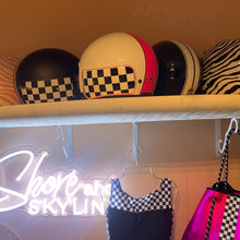 Load image into Gallery viewer, NWT Helmet - His & Her M/L Prix Black Racer + white racing checks w brick red interior ABS - dot certified motorcycle safety w clear visor