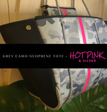 Load image into Gallery viewer, new Neoprene Tote Navy blue Camo + hot pink racing stripes + various: grey gray silver /aquamarine geode / pink/ Cheetah Leopard Deer