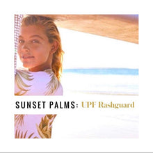 Load image into Gallery viewer, UPF Rashguard: Sunset Palms surfsuit / swimsuit (S-L) cream white chill beige sun-kissed khaki beach pool surf swim women feminine modest