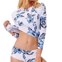 Load image into Gallery viewer, s-xxl O.C. #Surf CROP Swimsuit - navy & royal blue floral on white UPF rash crop rashguard beach pool lake swim paddle scuba snorkel