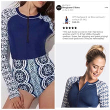 Load image into Gallery viewer, UPF longsleeve swimsuit Le Bleu Rashguard surfsuit navy blue white modest swim surf snorkel paddle womens cruise resort paddle board 2024