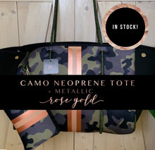 Load image into Gallery viewer, © Opal Leopard Rose 2.0 TOTE smooth cream neoprene bag + shabby mint & chic metallic rose gold stripes waterproof birthday bridal shower gift holiday present purse Best Seller 5 Star